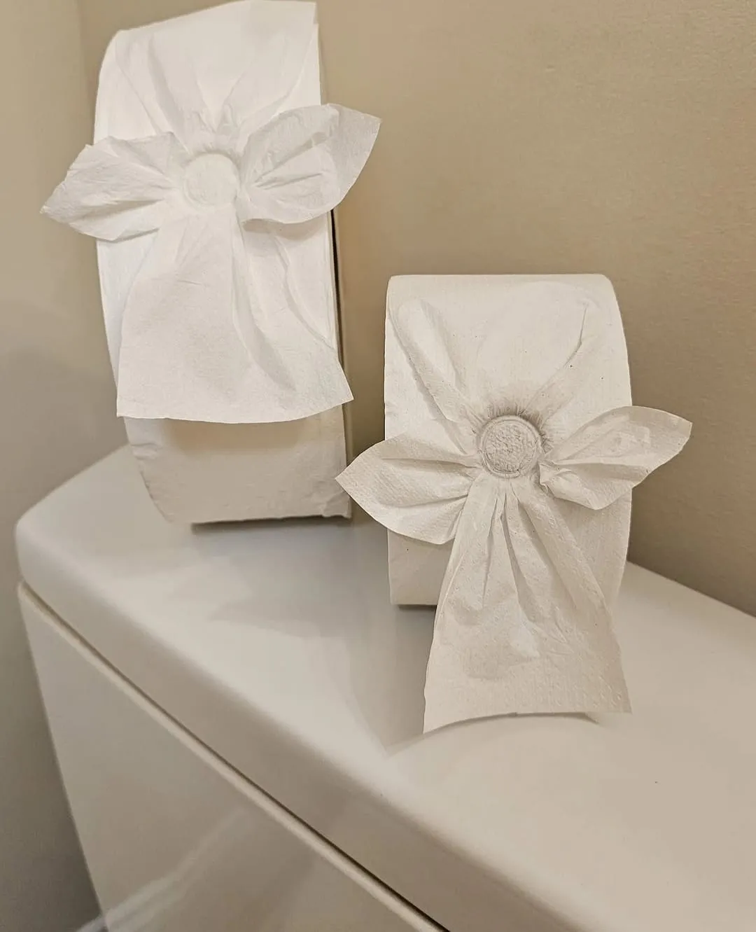 Toilet tissue folded into a decorative shape on a toilet tank